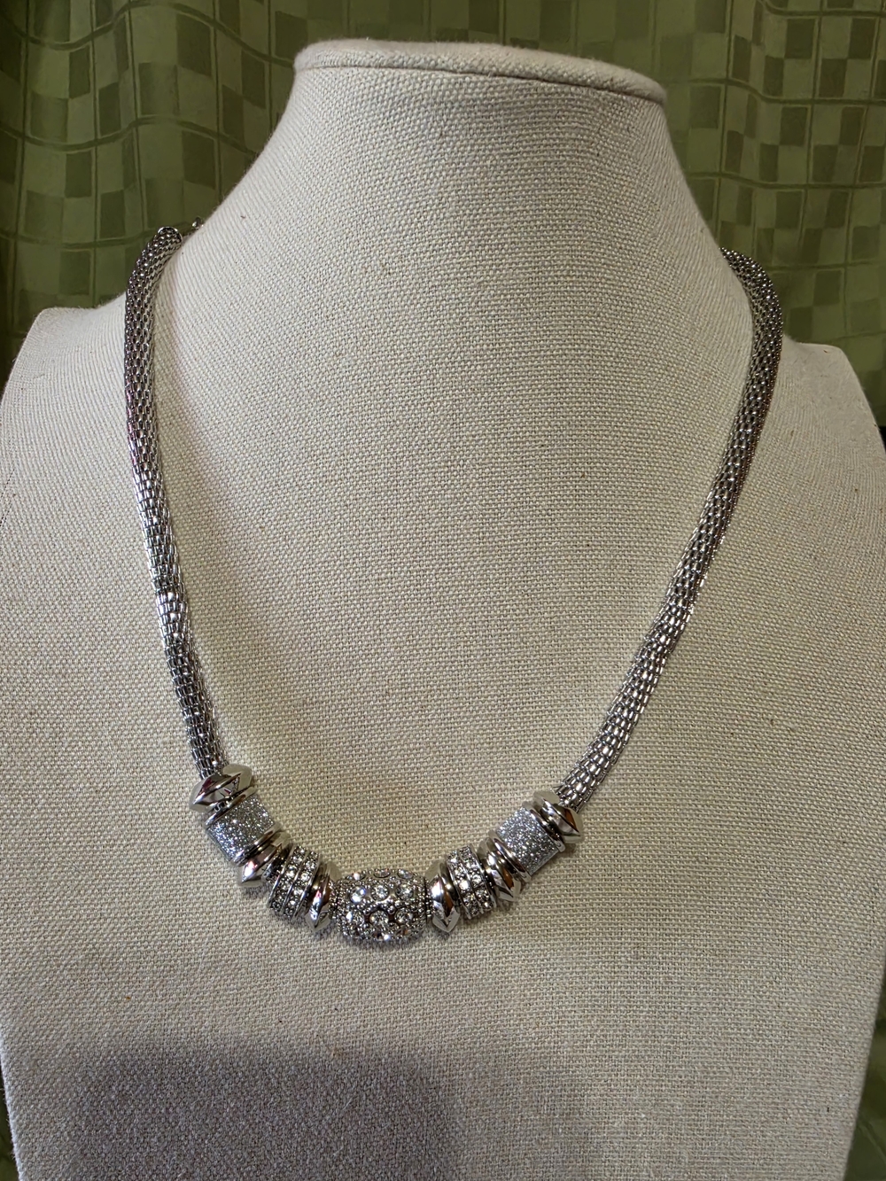 #1111 Catherines Silver-Tone Pave Bead Necklace